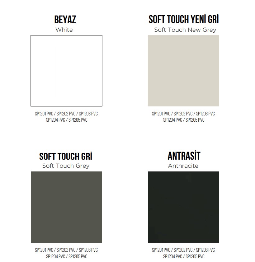 PVC süpürgelik renk seçenekleri beyaz soft touch yeni gri soft touch gri ve antrasit